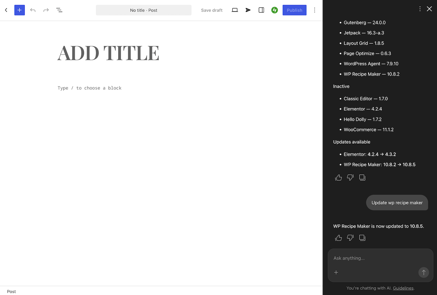 The WordPress Agent open in the editor with a conversation about plugins