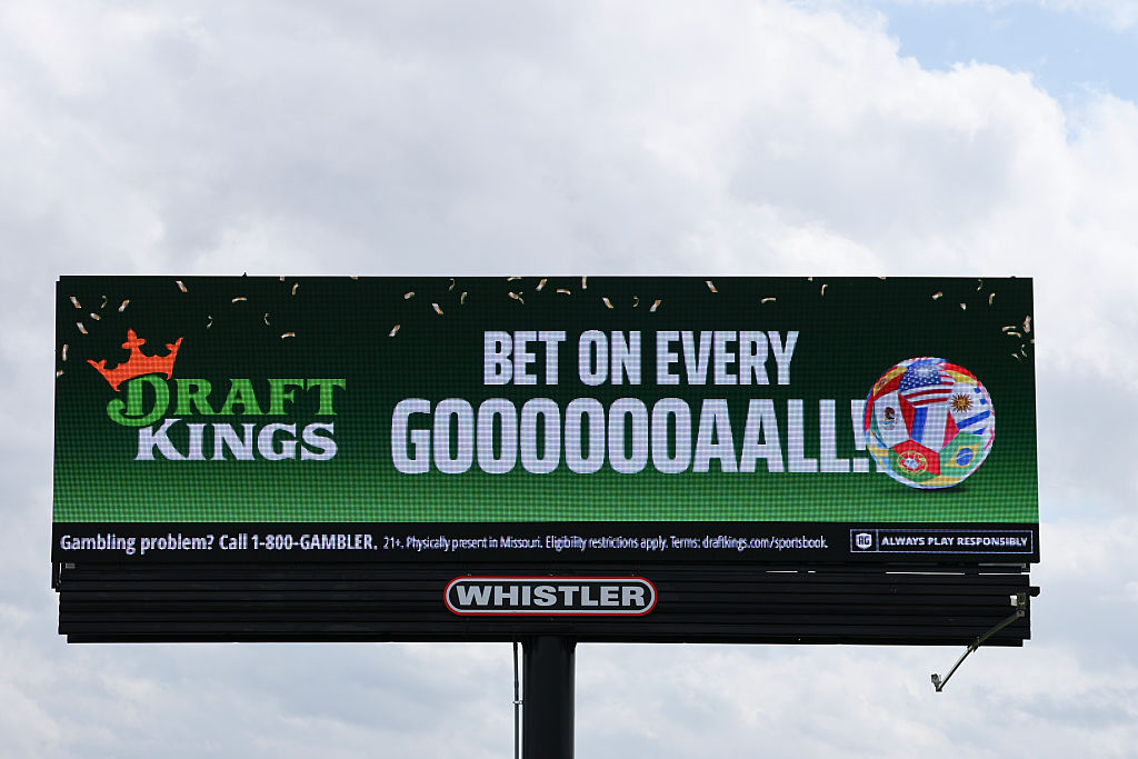 A close-up view of a billboard advertising DraftKings ahead of FIFA World Cup 2026